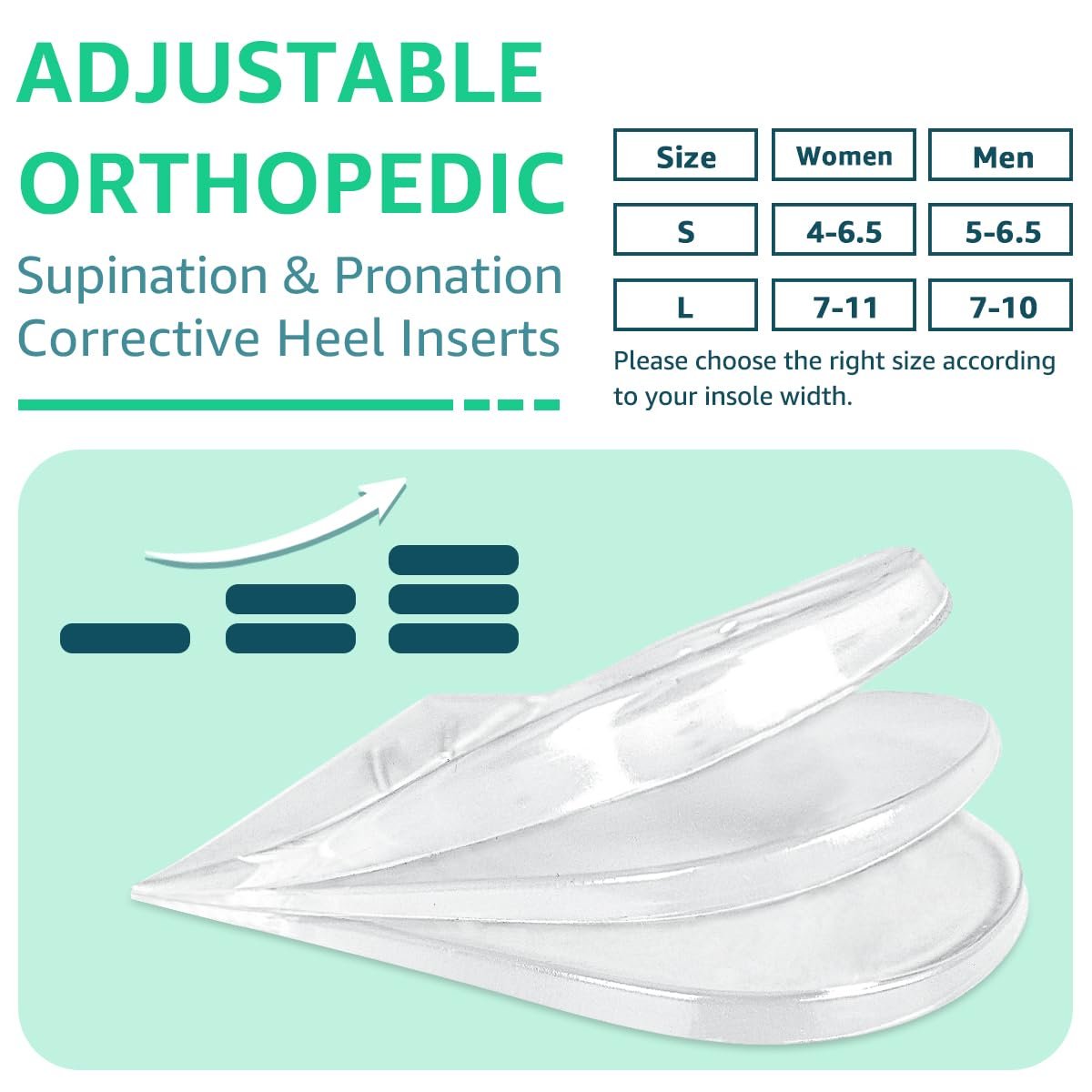 Skyfoot 3-Lagen Verstellbare Fersenkeil-Einlagen zur Korrektur von Supination & Pronation, Klebende mediale & laterale Fersenpolster für O-Beine, Knieschmerzen, Fußausrichtung (L: Damen 7-11, Herren 7-10, Kristall)