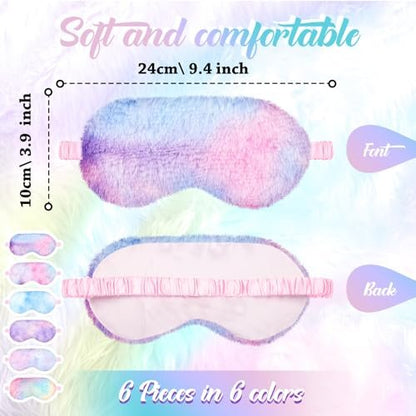 Cuffbow 6er-Pack Plüsch-Schlafmasken-Set, Kuschelige Augenmasken zum Schlafen, Weiche Bequeme Reise-Schlafbrille, Schlafparty-Geschenke für Frauen (Tie Dye, Regenbogen)