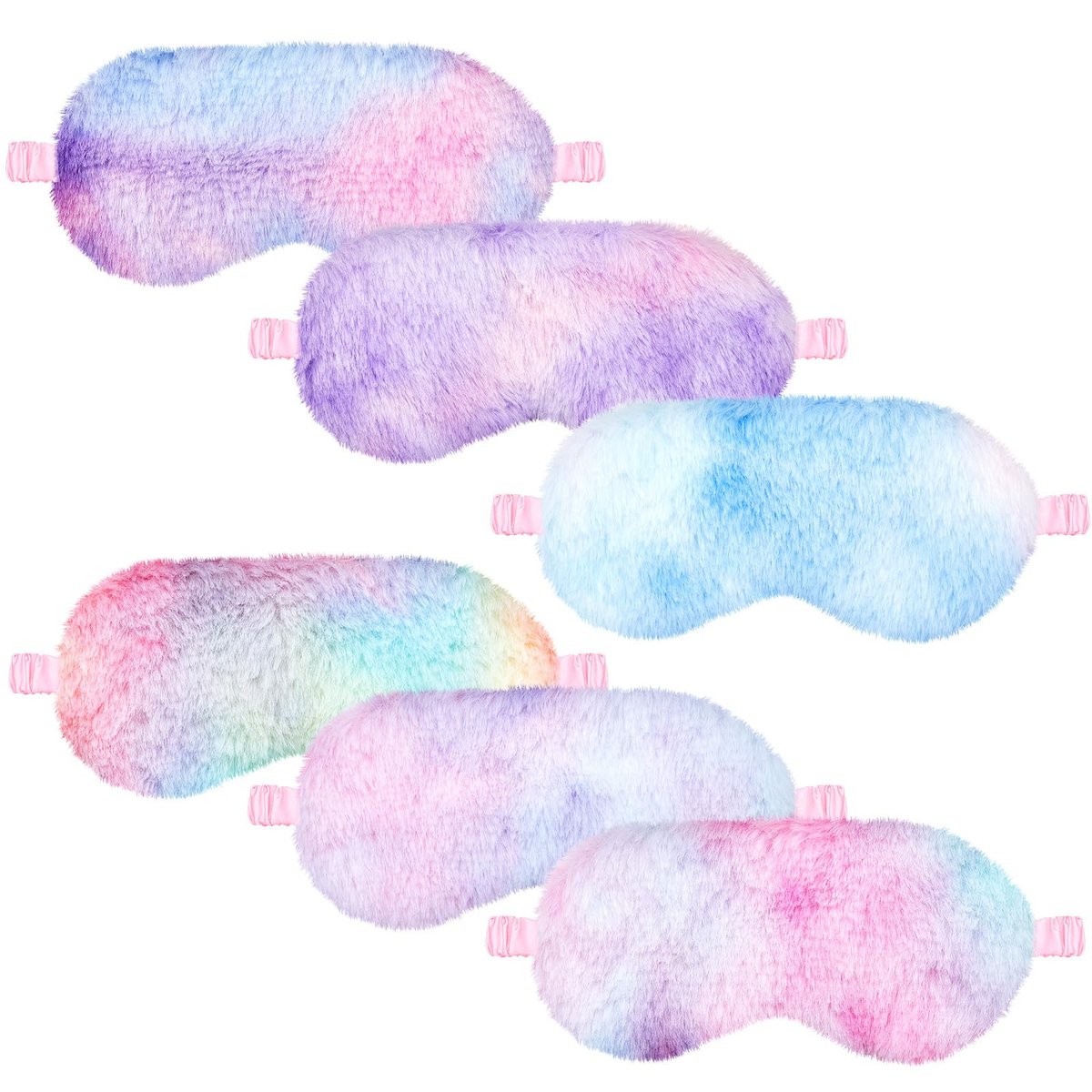 Cuffbow 6er-Pack Plüsch-Schlafmasken-Set, Kuschelige Augenmasken zum Schlafen, Weiche Bequeme Reise-Schlafbrille, Schlafparty-Geschenke für Frauen (Tie Dye, Regenbogen)