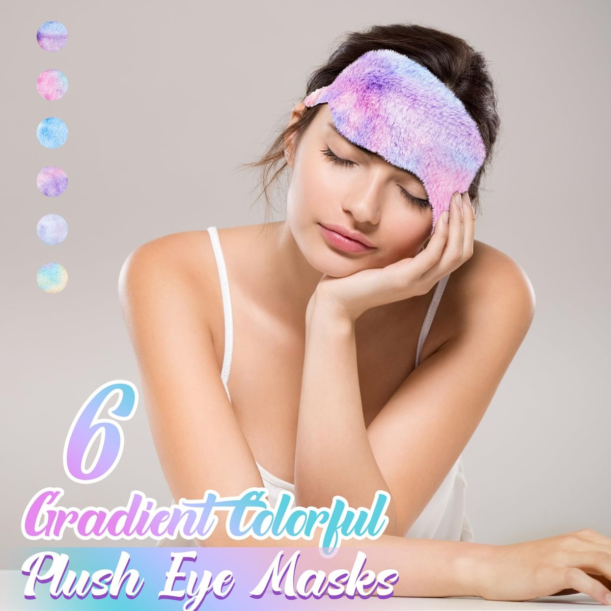 Cuffbow 6er-Pack Plüsch-Schlafmasken-Set, Kuschelige Augenmasken zum Schlafen, Weiche Bequeme Reise-Schlafbrille, Schlafparty-Geschenke für Frauen (Tie Dye, Regenbogen)