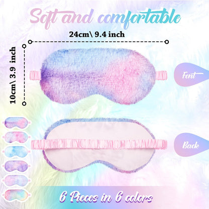 Cuffbow 6er-Pack Plüsch-Schlafmasken-Set, Kuschelige Augenmasken zum Schlafen, Weiche Bequeme Reise-Schlafbrille, Schlafparty-Geschenke für Frauen (Tie Dye, Regenbogen)