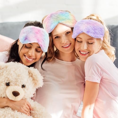 Cuffbow 6er-Pack Plüsch-Schlafmasken-Set, Kuschelige Augenmasken zum Schlafen, Weiche Bequeme Reise-Schlafbrille, Schlafparty-Geschenke für Frauen (Tie Dye, Regenbogen)