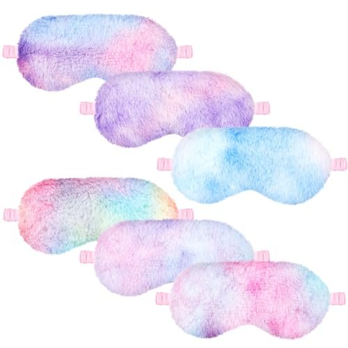 Cuffbow 6er-Pack Plüsch-Schlafmasken-Set, Kuschelige Augenmasken zum Schlafen, Weiche Bequeme Reise-Schlafbrille, Schlafparty-Geschenke für Frauen (Tie Dye, Regenbogen)