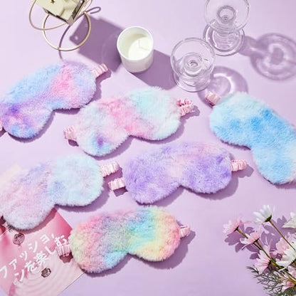 Cuffbow 6er-Pack Plüsch-Schlafmasken-Set, Kuschelige Augenmasken zum Schlafen, Weiche Bequeme Reise-Schlafbrille, Schlafparty-Geschenke für Frauen (Tie Dye, Regenbogen)