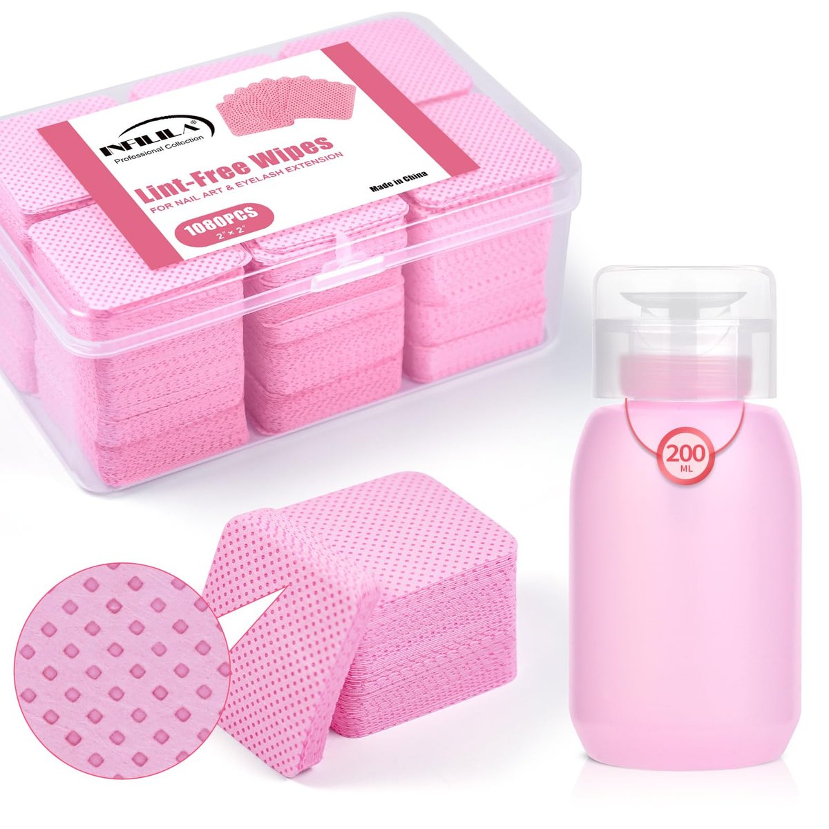 NXJ INFILILA 1080-teiliges fusselfreies Nageltücher-Set, rosa Gel-Nagellackentferner-Set mit 1 Aceton-Pumpflasche 200 ml (6,8 oz) für den professionellen Ablösen von Gel-Nagellack