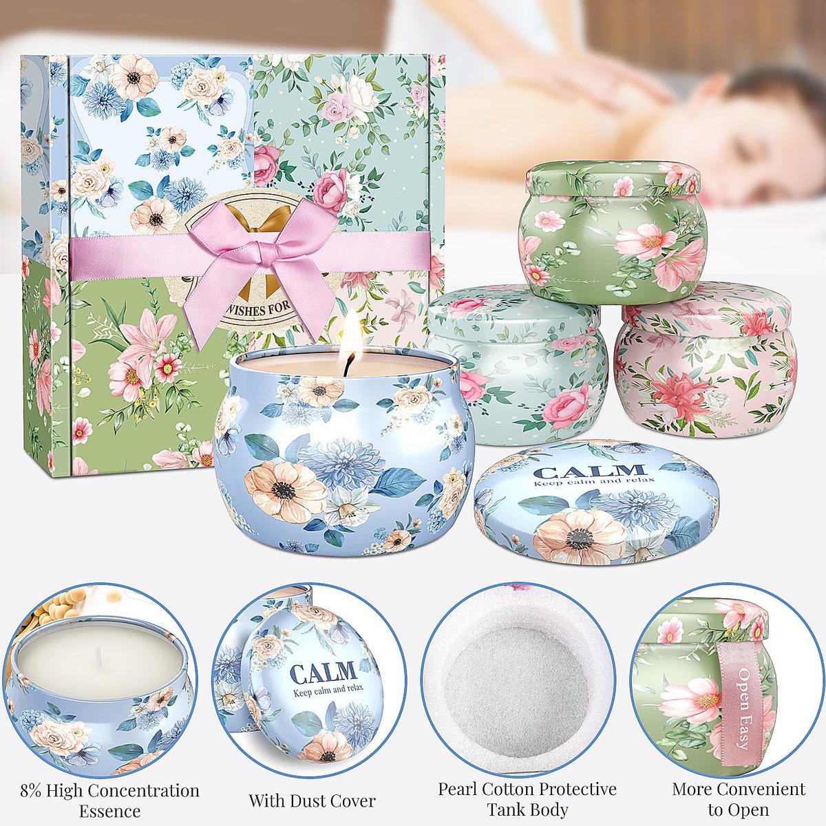 BlissfulOasis Duftkerzen Set, 4er Pack 17,6 oz, 100-120 Stunden Brenndauer, Sojawachs, Aromatherapie Geschenk für Geburtstag, Valentinstag, Muttertag