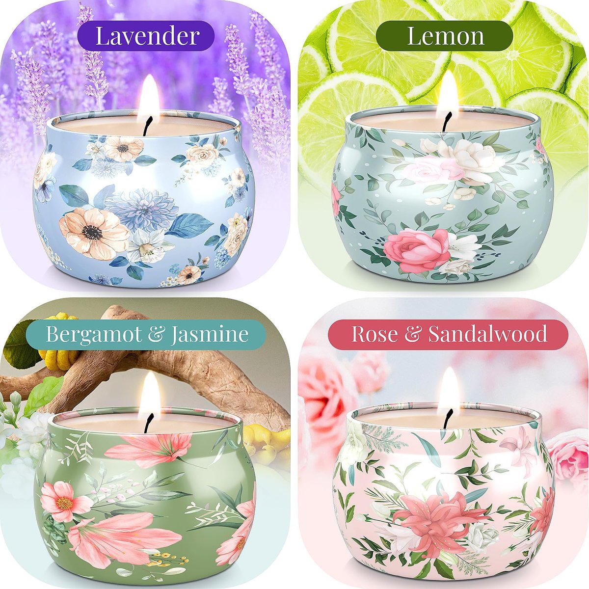 BlissfulOasis Duftkerzen Set, 4er Pack 17,6 oz, 100-120 Stunden Brenndauer, Sojawachs, Aromatherapie Geschenk für Geburtstag, Valentinstag, Muttertag