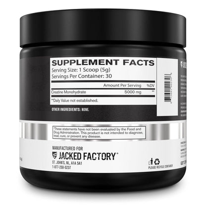 Jacked Factory Creatin-Monohydrat Pulver 150g – 5g tägliches Creatin für Männer und Frauen, vegan, drittanbietergetestet – 30 Portionen, geschmacksneutral