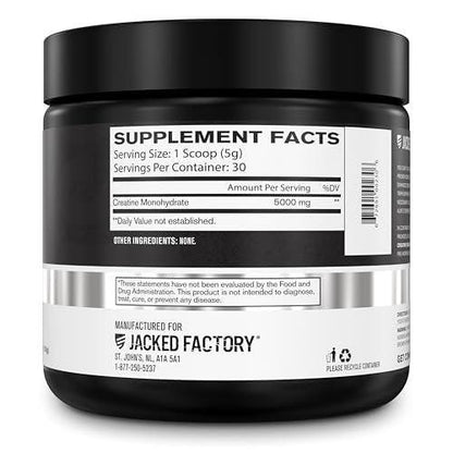 Jacked Factory Creatin-Monohydrat Pulver 150g – 5g tägliches Creatin für Männer und Frauen, vegan, drittanbietergetestet – 30 Portionen, geschmacksneutral