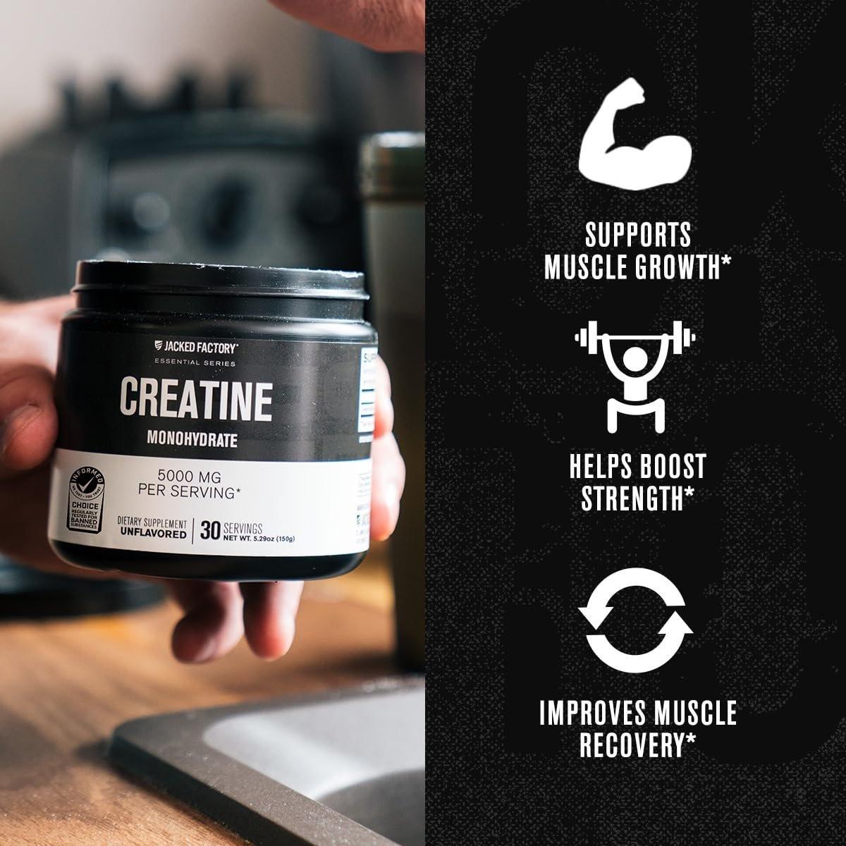Jacked Factory Creatin-Monohydrat Pulver 150g – 5g tägliches Creatin für Männer und Frauen, vegan, drittanbietergetestet – 30 Portionen, geschmacksneutral