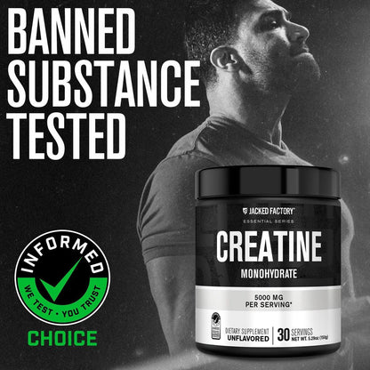 Jacked Factory Creatin-Monohydrat Pulver 150g – 5g tägliches Creatin für Männer und Frauen, vegan, drittanbietergetestet – 30 Portionen, geschmacksneutral