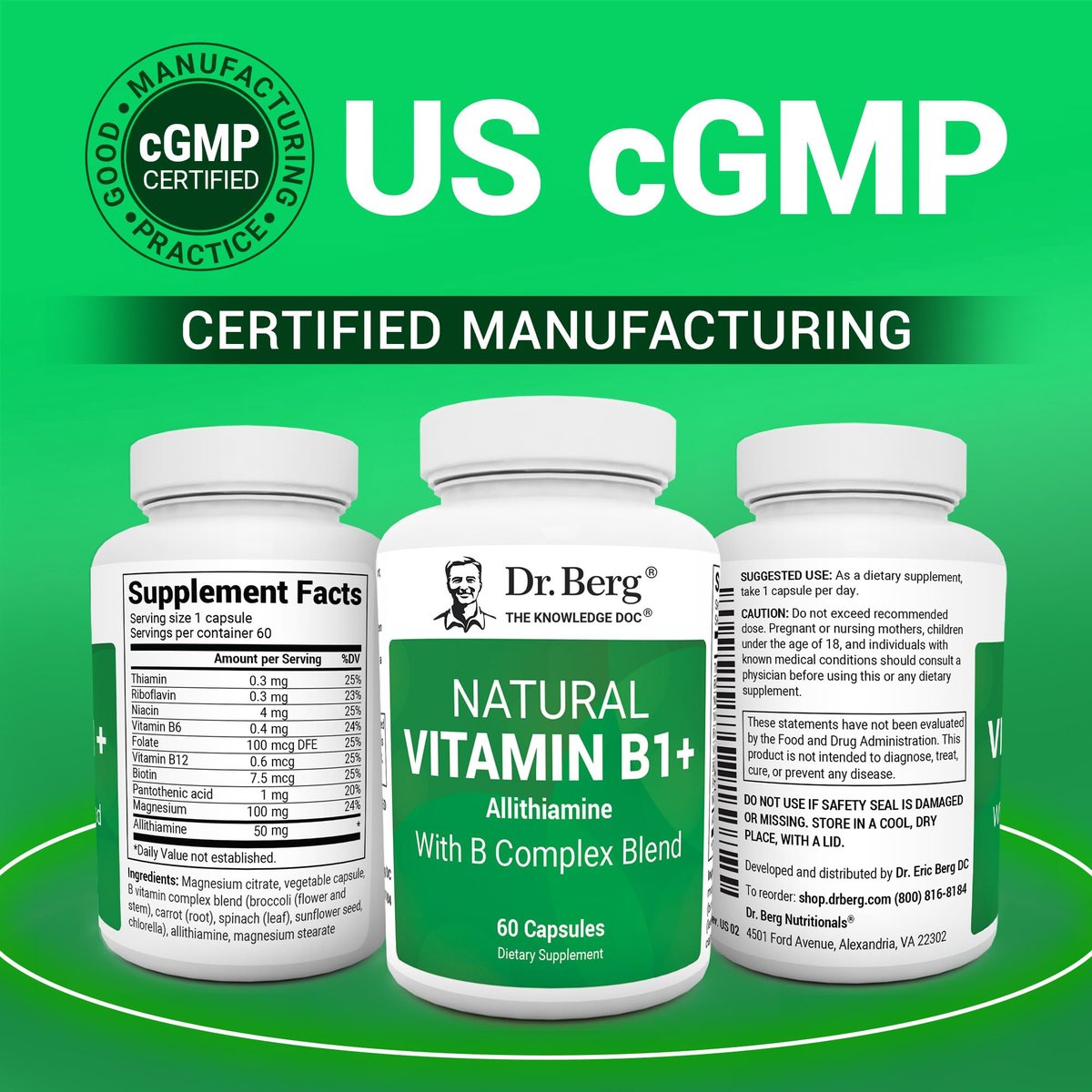Dr. Berg Naturals Vitamin B1 B6 B12 Komplex – Allithiamin und 8 essentielle B-Vitamine für Männer und Frauen, inkl. Thiamin, Niacin, Folsäure, Magnesium & mehr – 60 Kapseln