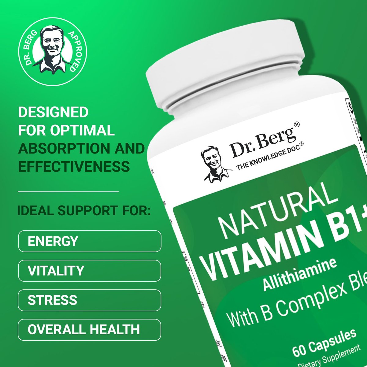 Dr. Berg Naturals Vitamin B1 B6 B12 Komplex – Allithiamin und 8 essentielle B-Vitamine für Männer und Frauen, inkl. Thiamin, Niacin, Folsäure, Magnesium & mehr – 60 Kapseln