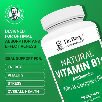 Dr. Berg Naturals Vitamin B1 B6 B12 Komplex – Allithiamin und 8 essentielle B-Vitamine für Männer und Frauen, inkl. Thiamin, Niacin, Folsäure, Magnesium & mehr – 60 Kapseln