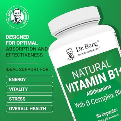 Dr. Berg Naturals Vitamin B1 B6 B12 Komplex – Allithiamin und 8 essentielle B-Vitamine für Männer und Frauen, inkl. Thiamin, Niacin, Folsäure, Magnesium & mehr – 60 Kapseln