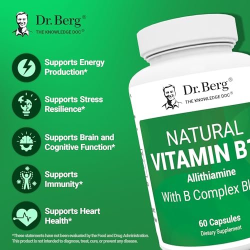 Dr. Berg Naturals Vitamin B1 B6 B12 Komplex – Allithiamin und 8 essentielle B-Vitamine für Männer und Frauen, inkl. Thiamin, Niacin, Folsäure, Magnesium & mehr – 60 Kapseln