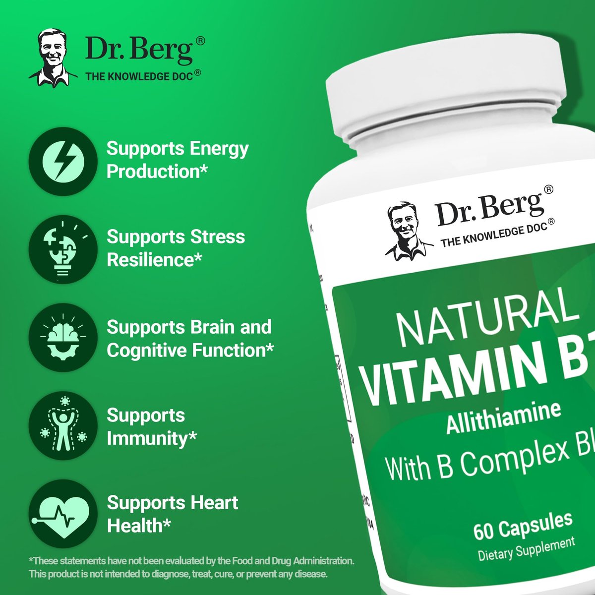 Dr. Berg Naturals Vitamin B1 B6 B12 Komplex – Allithiamin und 8 essentielle B-Vitamine für Männer und Frauen, inkl. Thiamin, Niacin, Folsäure, Magnesium & mehr – 60 Kapseln