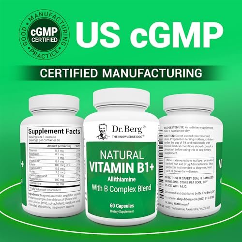 Dr. Berg Naturals Vitamin B1 B6 B12 Komplex – Allithiamin und 8 essentielle B-Vitamine für Männer und Frauen, inkl. Thiamin, Niacin, Folsäure, Magnesium & mehr – 60 Kapseln