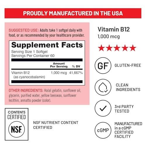 NatureWise Vitamin B12 1000 mcg – Nahrungsergänzungsmittel zur Unterstützung des Energiestoffwechsels, geistiger Klarheit und Gesundheit des Nervensystems – Leicht zu schlucken, soja- & glutenfrei, nicht-GVO – 60 Softgels (60-Tage-Vorrat)