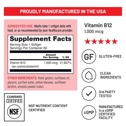 NatureWise Vitamin B12 1000 mcg – Nahrungsergänzungsmittel zur Unterstützung des Energiestoffwechsels, geistiger Klarheit und Gesundheit des Nervensystems – Leicht zu schlucken, soja- & glutenfrei, nicht-GVO – 60 Softgels (60-Tage-Vorrat)