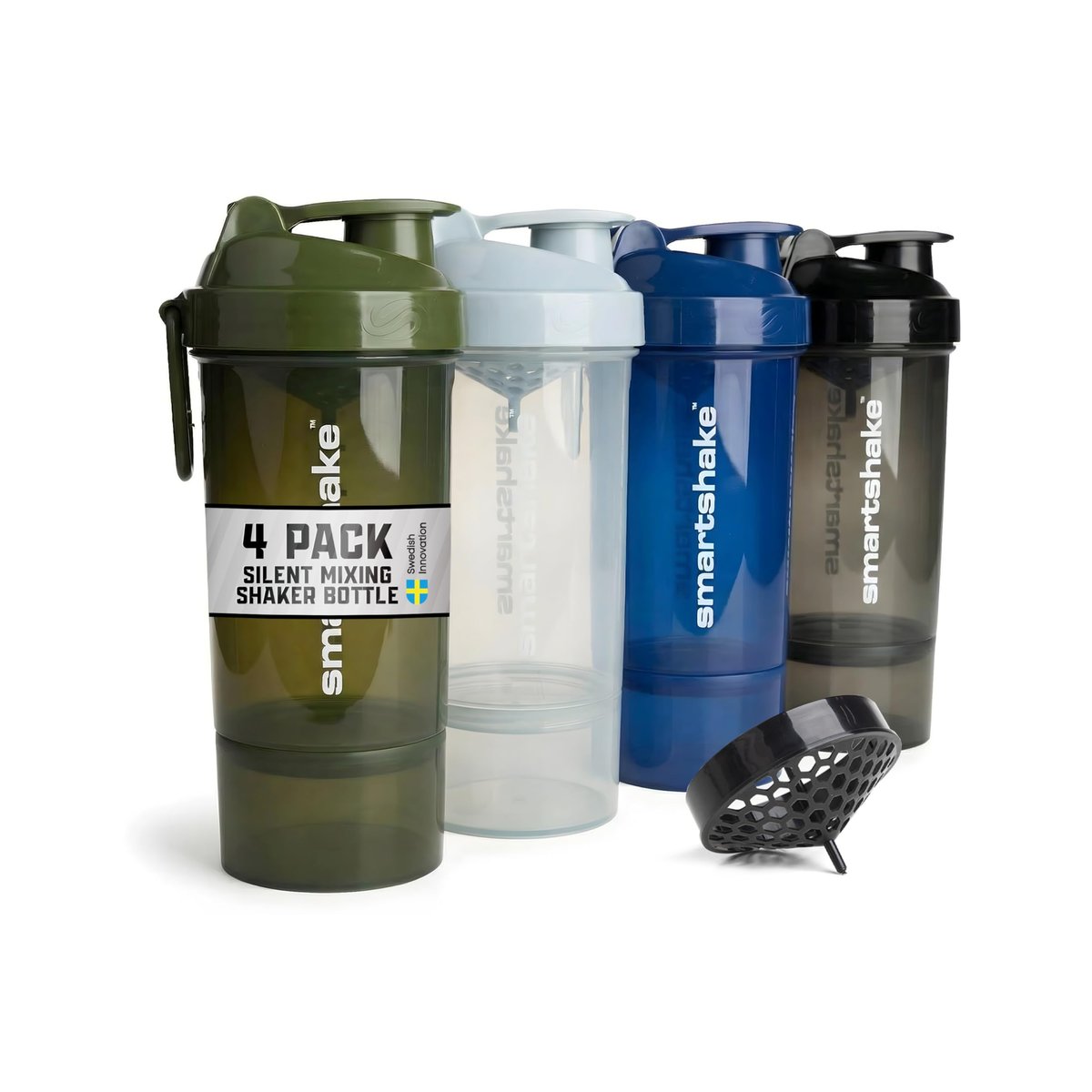 Smartshake O2GO ONE 4er-Pack Protein Shaker Flasche 800 ml | 27 oz – Auslaufsicherer Schraubdeckel – BPA-frei – Unisex – Nebelgrau, Armeegrün, Schwarz, Marineblau
