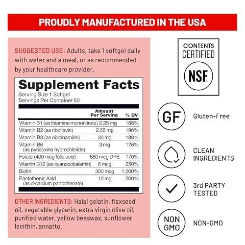 NatureWise Vitamin B Komplex für Frauen und Männer – mit Folsäure, Biotin, B1, B2, B3, B6, B12 – Unterstützt Zellenergie und geistige Klarheit – Gluten- & laktosefrei, ohne Gentechnik – 60 Softgels (2-Monats-Vorrat)