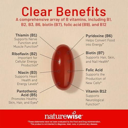 NatureWise Vitamin B Komplex für Frauen und Männer – mit Folsäure, Biotin, B1, B2, B3, B6, B12 – Unterstützt Zellenergie und geistige Klarheit – Gluten- & laktosefrei, ohne Gentechnik – 60 Softgels (2-Monats-Vorrat)