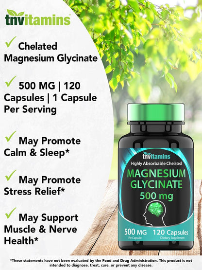 Magnesiumglycinat 500 mg pro Kapsel – 120 Kapseln | 4 Monate Vorrat! | Reines cheliertes Magnesium für Schlaf, Ruhe, Nerven, Gelenke & Knochen | Nicht-GMO