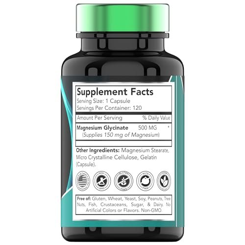 Magnesiumglycinat 500 mg pro Kapsel – 120 Kapseln | 4 Monate Vorrat! | Reines cheliertes Magnesium für Schlaf, Ruhe, Nerven, Gelenke & Knochen | Nicht-GMO