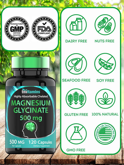 Magnesiumglycinat 500 mg pro Kapsel – 120 Kapseln | 4 Monate Vorrat! | Reines cheliertes Magnesium für Schlaf, Ruhe, Nerven, Gelenke & Knochen | Nicht-GMO