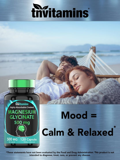 Magnesiumglycinat 500 mg pro Kapsel – 120 Kapseln | 4 Monate Vorrat! | Reines cheliertes Magnesium für Schlaf, Ruhe, Nerven, Gelenke & Knochen | Nicht-GMO
