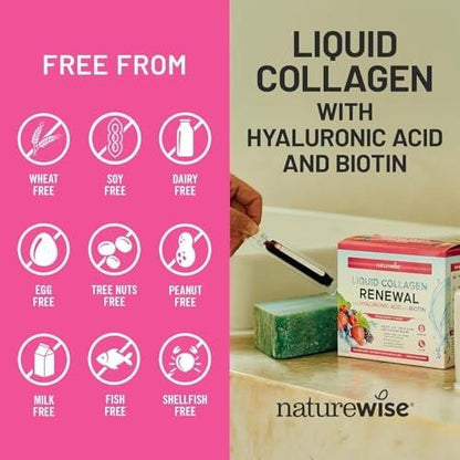 NatureWise Hydrolysiertes flüssiges Kollagen für Frauen & Männer 4000 mg – Hohe Absorption, Typ 1 & 3 Peptide mit Biotin + Vitamin C + Vitamin B-Komplex & Hyaluronsäure – Mischbeere – 10 Trinkfläschchen (10-Tage-Vorrat)
