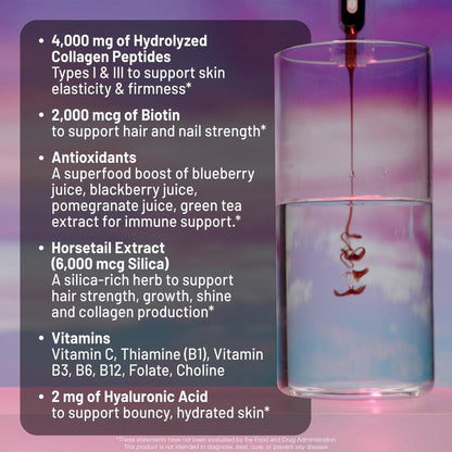 NatureWise Hydrolysiertes flüssiges Kollagen für Frauen & Männer 4000 mg – Hohe Absorption, Typ 1 & 3 Peptide mit Biotin + Vitamin C + Vitamin B-Komplex & Hyaluronsäure – Mischbeere – 10 Trinkfläschchen (10-Tage-Vorrat)