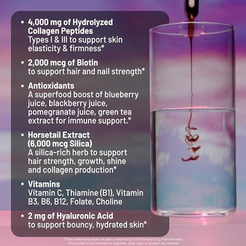 NatureWise Hydrolysiertes flüssiges Kollagen für Frauen & Männer 4000 mg – Hohe Absorption, Typ 1 & 3 Peptide mit Biotin + Vitamin C + Vitamin B-Komplex & Hyaluronsäure – Mischbeere – 10 Trinkfläschchen (10-Tage-Vorrat)