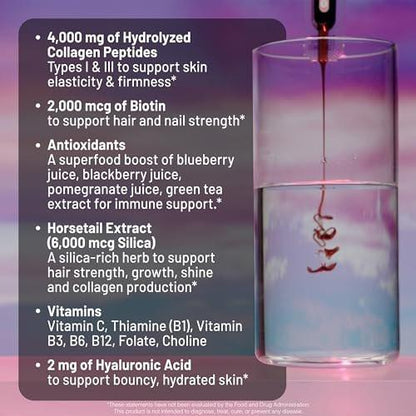 NatureWise Hydrolysiertes flüssiges Kollagen für Frauen & Männer 4000 mg – Hohe Absorption, Typ 1 & 3 Peptide mit Biotin + Vitamin C + Vitamin B-Komplex & Hyaluronsäure – Mischbeere – 10 Trinkfläschchen (10-Tage-Vorrat)