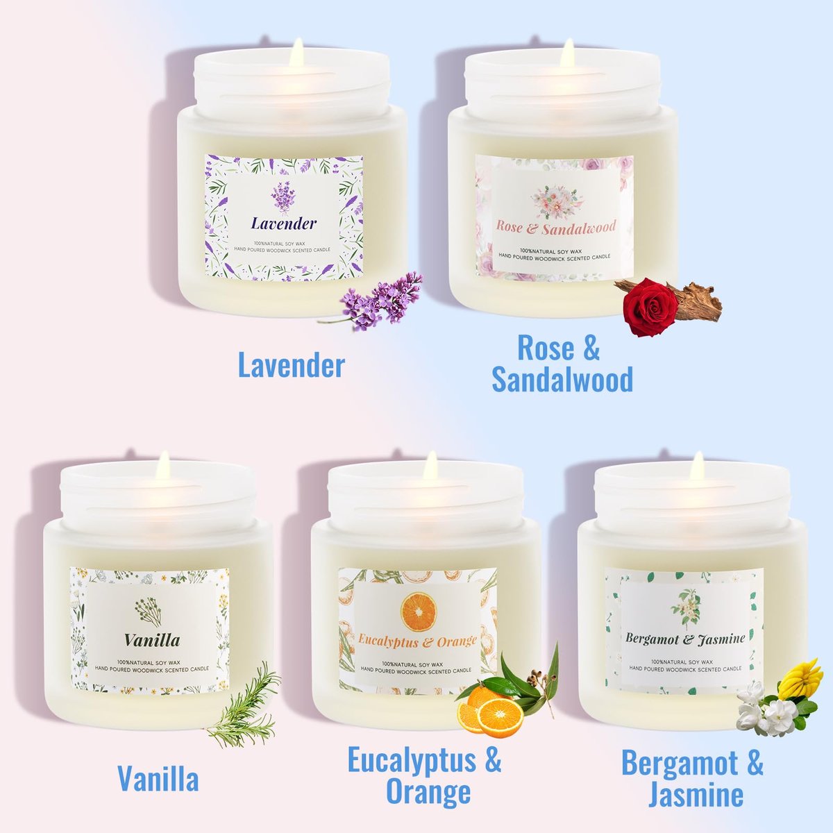 BlissfulOasis Duftkerzen Set – 5er Pack Langbrennende Kerzen für Zuhause, Natürliche Inhaltsstoffe, Geschenkidee für Frauen zu Geburtstag und Valentinstag