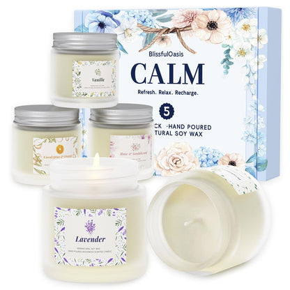 BlissfulOasis Duftkerzen Set – 5er Pack Langbrennende Kerzen für Zuhause, Natürliche Inhaltsstoffe, Geschenkidee für Frauen zu Geburtstag und Valentinstag
