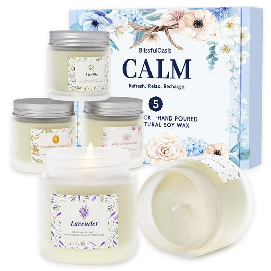 BlissfulOasis Duftkerzen Set – 5er Pack Langbrennende Kerzen für Zuhause, Natürliche Inhaltsstoffe, Geschenkidee für Frauen zu Geburtstag und Valentinstag