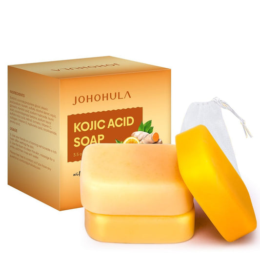 Johohula Kojic-Säure Seife gegen dunkle Flecken mit Vitamin C, Retinol, Kollagen, Kurkuma - Glättet Gesicht und Körper, festigt und glättet die Haut - 3 x 100 g Riegel
