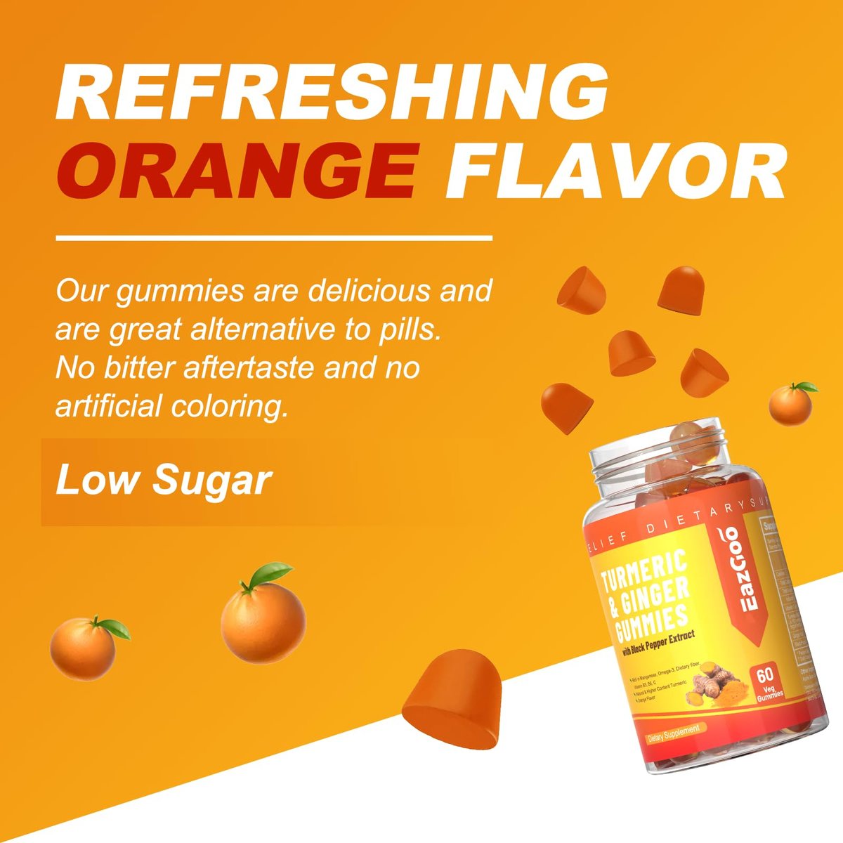 EAZGOO Curcumin-Gummis mit Kurkuma 500 mg für Erwachsene, mit schwarzem Pfeffer, Ingwerwurzel, Vitamin C, zuckerarme Fruchtgummis, Orangengeschmack - 60 Stück