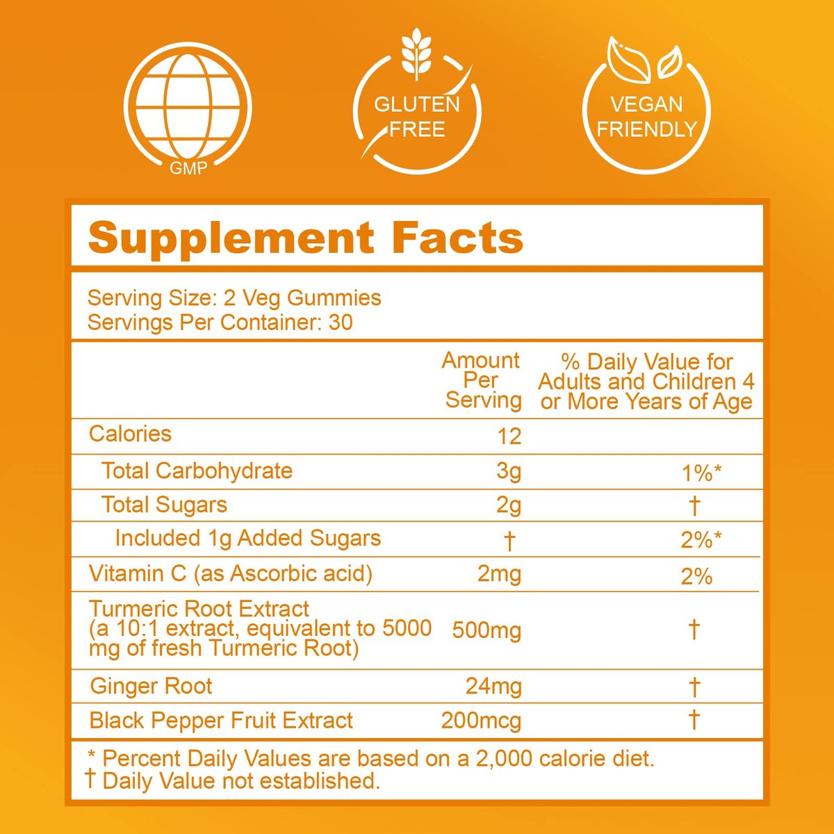 EAZGOO Curcumin-Gummis mit Kurkuma 500 mg für Erwachsene, mit schwarzem Pfeffer, Ingwerwurzel, Vitamin C, zuckerarme Fruchtgummis, Orangengeschmack - 60 Stück