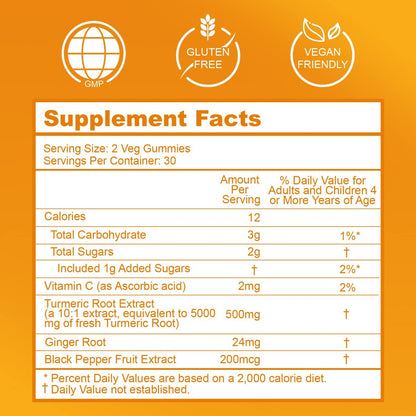 EAZGOO Curcumin-Gummis mit Kurkuma 500 mg für Erwachsene, mit schwarzem Pfeffer, Ingwerwurzel, Vitamin C, zuckerarme Fruchtgummis, Orangengeschmack - 60 Stück
