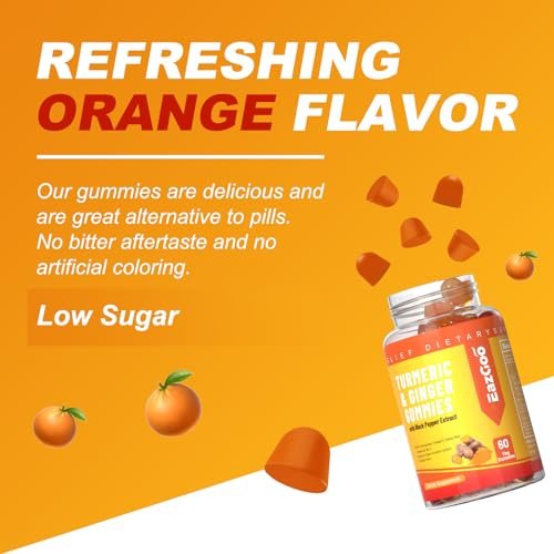 EAZGOO Curcumin-Gummis mit Kurkuma 500 mg für Erwachsene, mit schwarzem Pfeffer, Ingwerwurzel, Vitamin C, zuckerarme Fruchtgummis, Orangengeschmack - 60 Stück