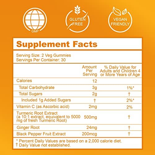 EAZGOO Curcumin-Gummis mit Kurkuma 500 mg für Erwachsene, mit schwarzem Pfeffer, Ingwerwurzel, Vitamin C, zuckerarme Fruchtgummis, Orangengeschmack - 60 Stück