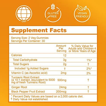 EAZGOO Curcumin-Gummis mit Kurkuma 500 mg für Erwachsene, mit schwarzem Pfeffer, Ingwerwurzel, Vitamin C, zuckerarme Fruchtgummis, Orangengeschmack - 60 Stück