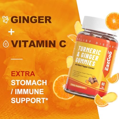 EAZGOO Curcumin-Gummis mit Kurkuma 500 mg für Erwachsene, mit schwarzem Pfeffer, Ingwerwurzel, Vitamin C, zuckerarme Fruchtgummis, Orangengeschmack - 60 Stück