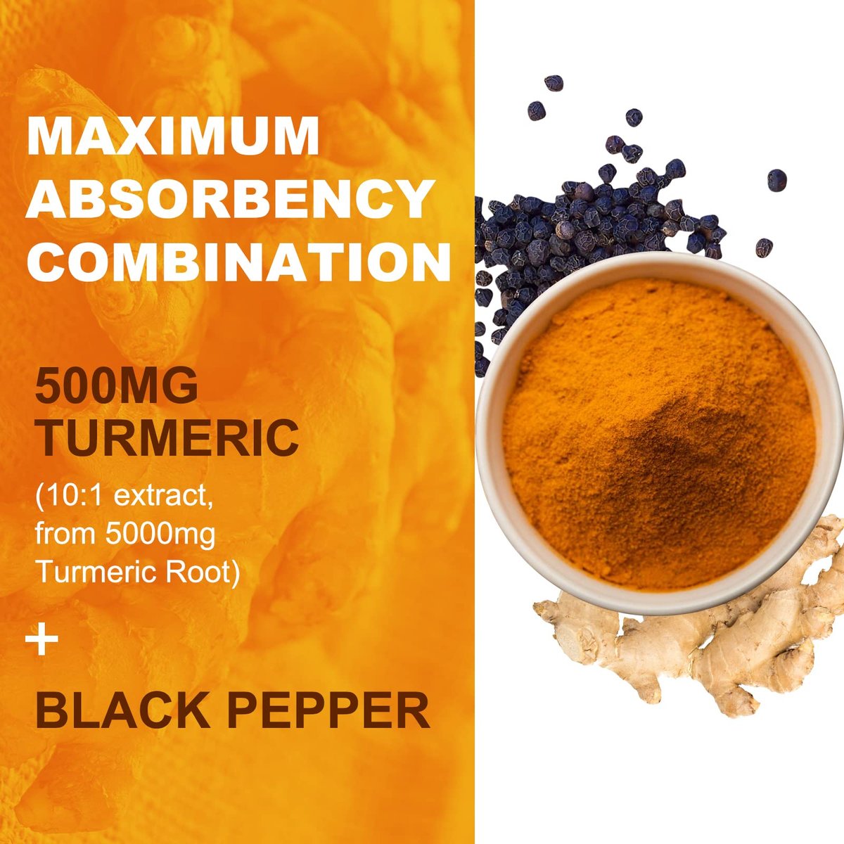 EAZGOO Curcumin-Gummis mit Kurkuma 500 mg für Erwachsene, mit schwarzem Pfeffer, Ingwerwurzel, Vitamin C, zuckerarme Fruchtgummis, Orangengeschmack - 60 Stück