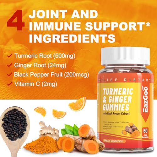 EAZGOO Curcumin-Gummis mit Kurkuma 500 mg für Erwachsene, mit schwarzem Pfeffer, Ingwerwurzel, Vitamin C, zuckerarme Fruchtgummis, Orangengeschmack - 60 Stück