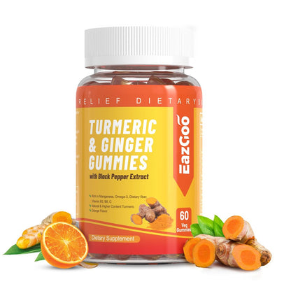 EAZGOO Curcumin-Gummis mit Kurkuma 500 mg für Erwachsene, mit schwarzem Pfeffer, Ingwerwurzel, Vitamin C, zuckerarme Fruchtgummis, Orangengeschmack - 60 Stück