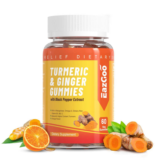 EAZGOO Curcumin-Gummis mit Kurkuma 500 mg für Erwachsene, mit schwarzem Pfeffer, Ingwerwurzel, Vitamin C, zuckerarme Fruchtgummis, Orangengeschmack - 60 Stück